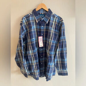 WRANGLER Western Shirt XXL Blue Plaid Long Sleeve‎ Collared Button Down NWT